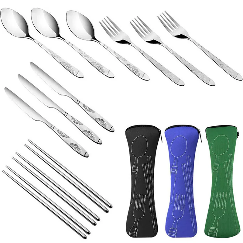 Tableware Storage Bag Stainless Steel Washable with Zipper Cutlery Kit Case Portable Pouch Dinner Household Travel Camping Spoon