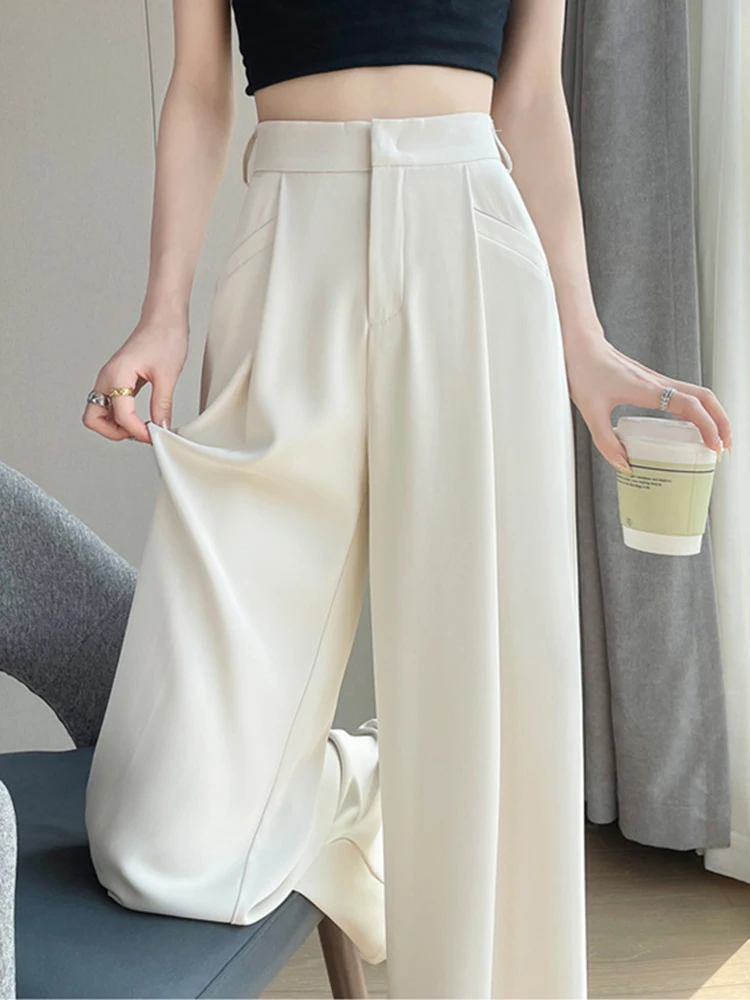 Casual Black Chicly High Waist Slim Simple Women Pants Summer New Fashion Solid Color Office Ladies Loose Female Wide Leg Pants