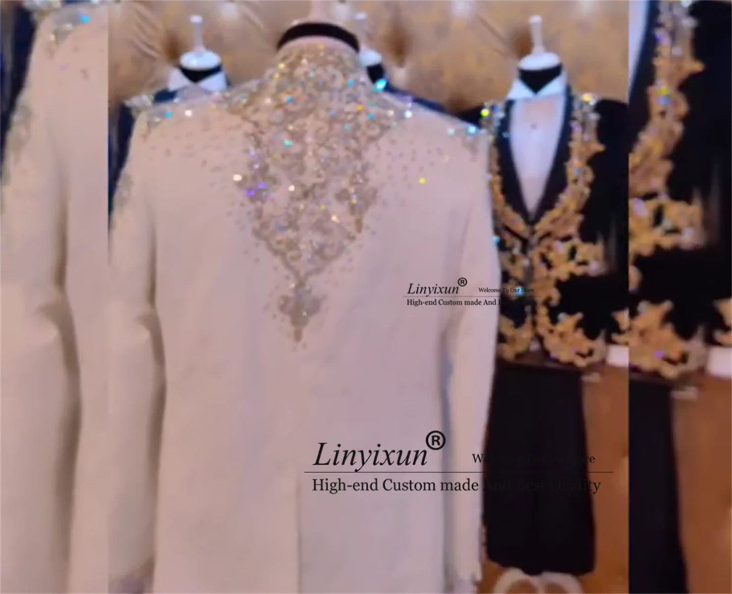 Fashion Beaded Diamond Men Suits 3 Pieces Wedding Groom Tuxedo Glitter Lapel Male Prom Blazers CustomizedParty vestidos de novia 3