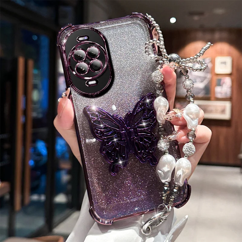 Gradient Glitter Pearls Butterfly Wrist Chain Holder Stand Shockproof Phone Case