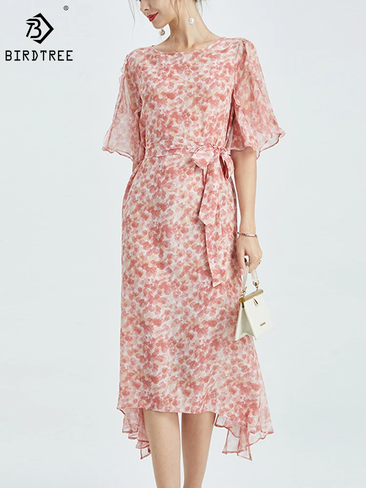 

Birdtree 100% Mulberry Real Crepe Silk Dress Floral Print O Necks Slim Belted Loose Midi Dresses 2023 New Summer D34828C