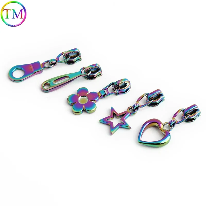 15-200PCS Rainbow Heart, Flower Shape 3# Nylon Zipper Puller Head For Bag Pocket Zips Puller Repair Kit Decorative Accessories