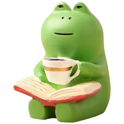 Adorable Mini Frog Resin Figurine in Rocking Chair Design with Book and Coffee Cup Decor (Miniature Frog)