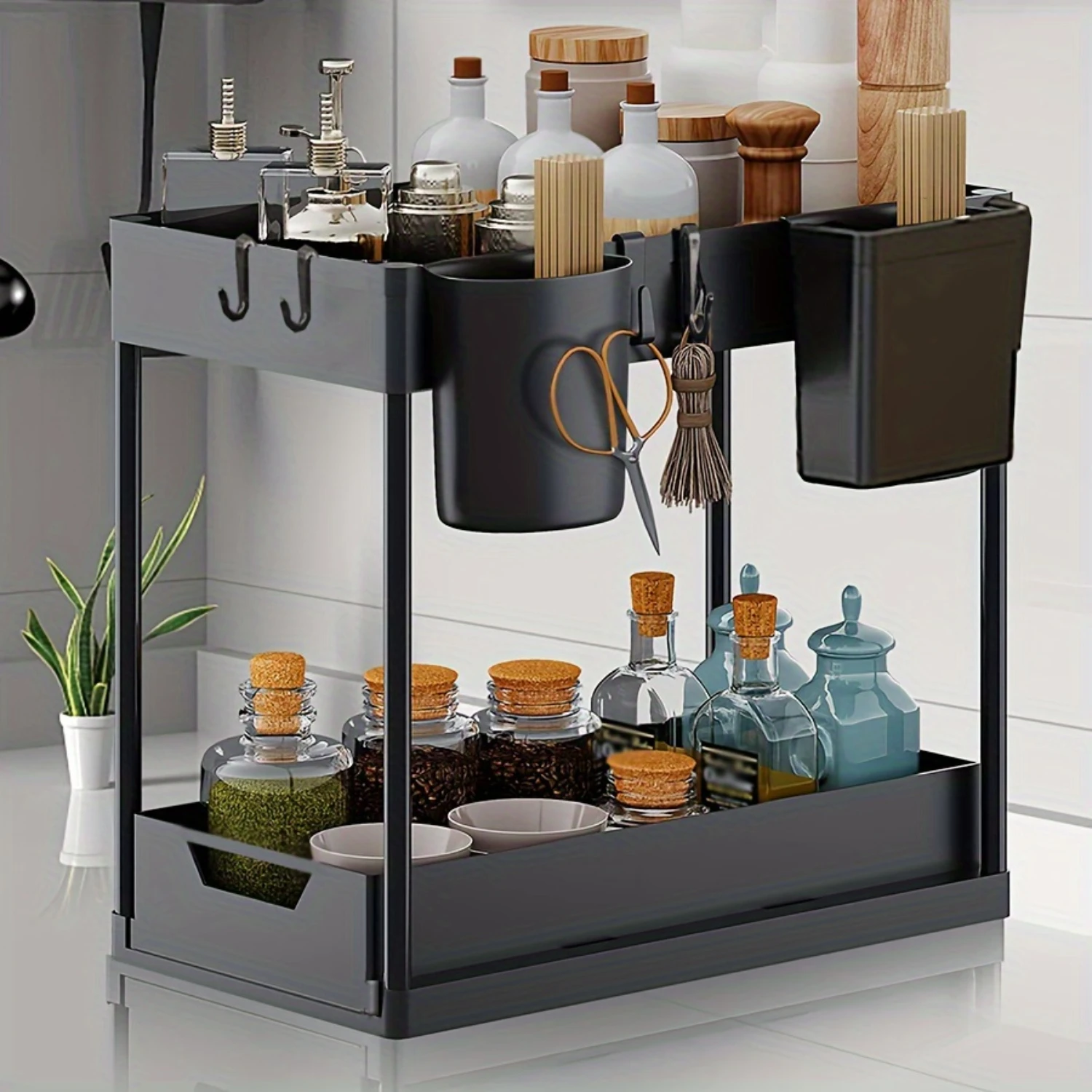 Large Capacity Under Sink Organizer with Sliding Drawer - Ideal for Kitchen Storage & Organization of Dishes, Spices, Oils, Coff 2