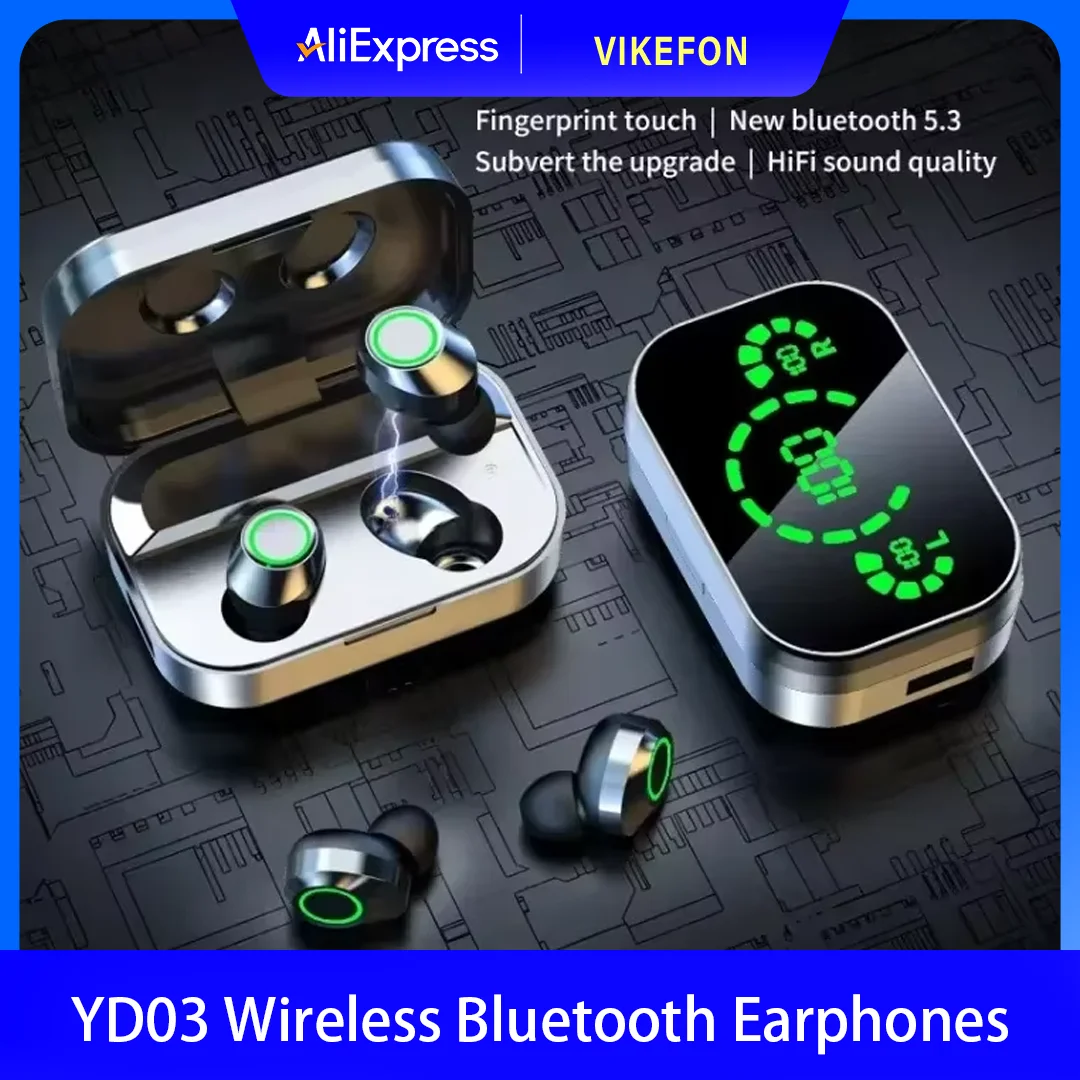 Wireless Bluetooth Earphones 5.3 with Charging Bin Display Touch Control for Music