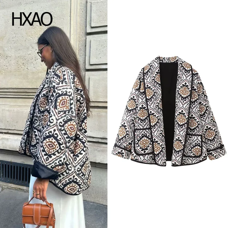 HXAO 여성용 겨울 재킷, 프린트 패딩 다운 코트, 퀼트 재킷, 짧은 패딩 코트, 여성 패션, 루즈 아우터 