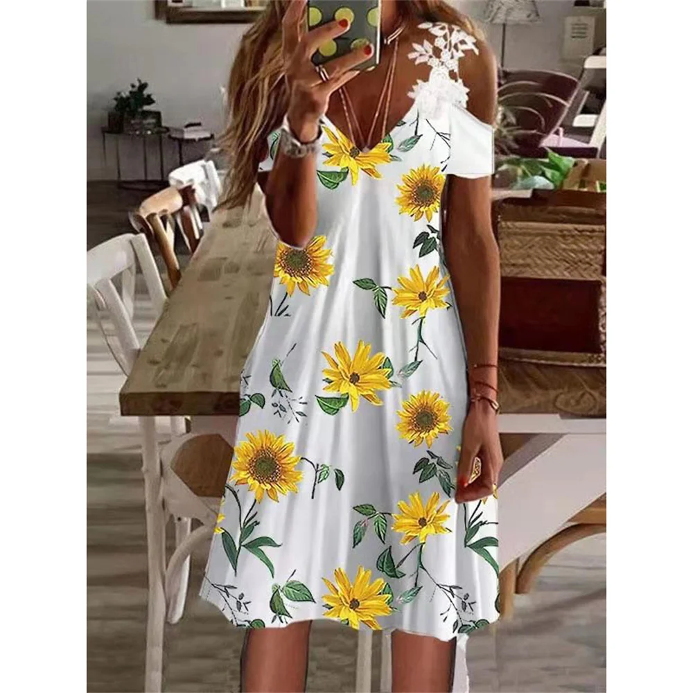 2022 Summer New Women Print Dress Off Shoulder Lace Short Sleeve Midi Skirt Cotton Blend A-Line Skirt Casual And Elegant Cloth dress shops