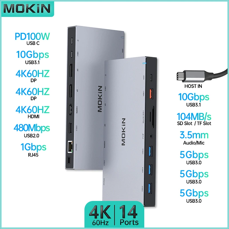 

Док-станция MOKiN 14 в 1 для MacBook Air/Pro, iPad, ноутбука Thunderbolt с USB2.0, USB3.1, HDMI 4K60 Гц, PD 100 Вт, SD, аудио