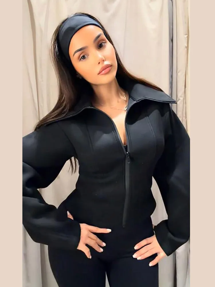 Langarm-Neoprenjacken für Damen, elegante Reversjacken mit Taillenbund und Reißverschluss, einfarbige, schmale Mäntel, Frühjahrsmode, neue Oberbekleidung für Damen – Detail 12