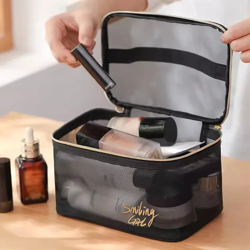 

Вместительная двухслойная черная сетчатая косметичка, износостойкая Сумка Для Хранения Туалетных принадлежностей на молнии, дорожная косметичка