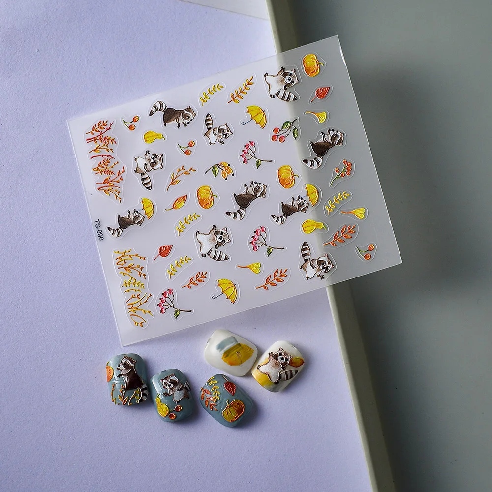 Raccoon Animals 5D Nail Sticker Faux Ongle Transfer Sliders Nail Wraps 5
