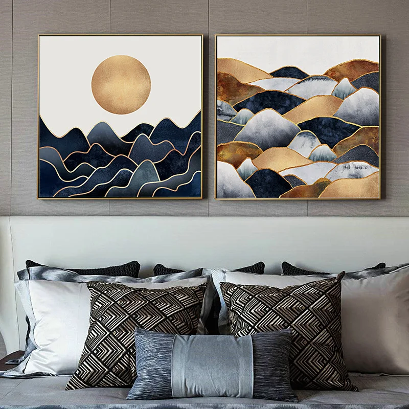 Abstract New China Gold Foil Line Mountain View Poster Sfondo Applique Da Parete Luxury Art Canvas Painting Mall Decoration Picture