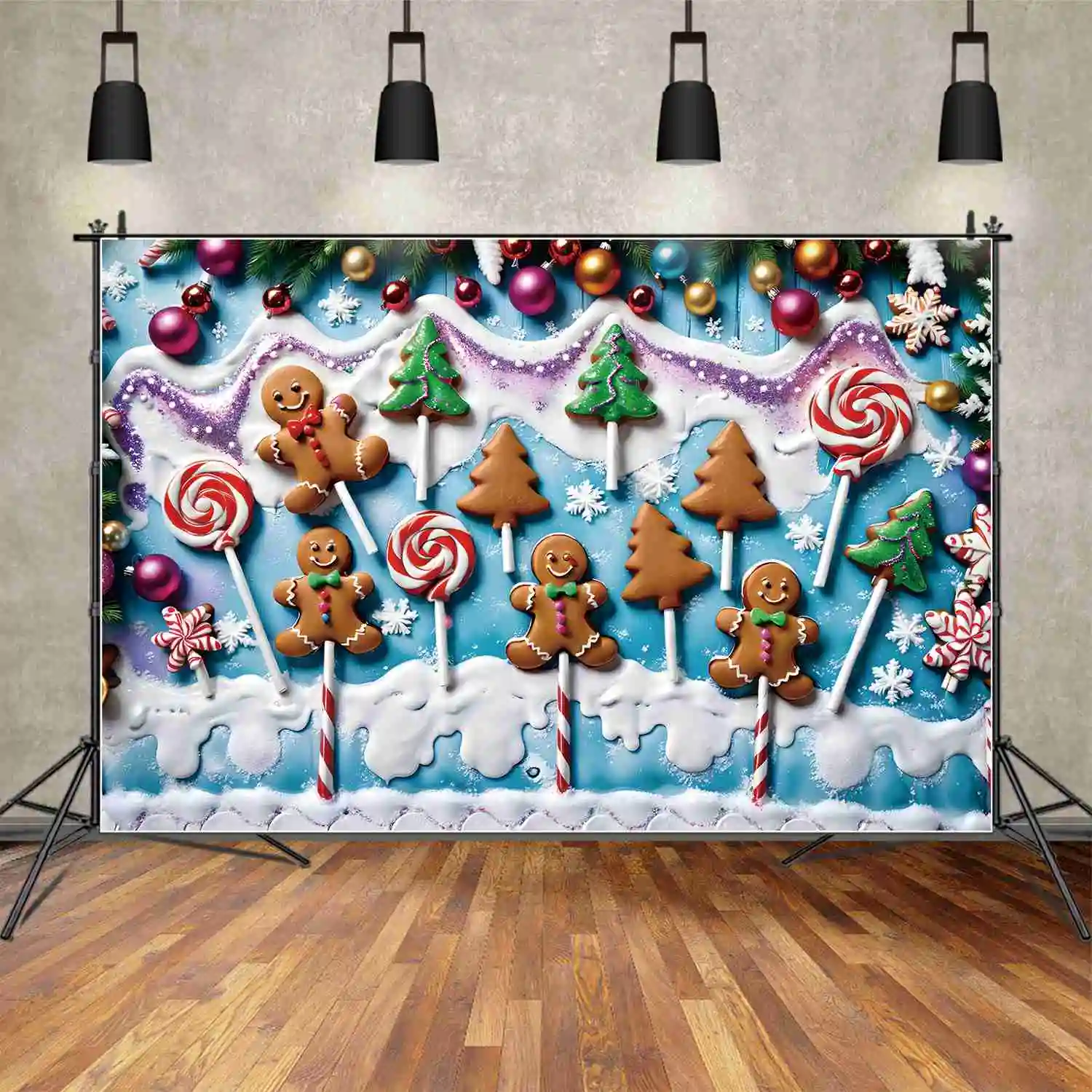 

Фон MOON.QG для детской рождественской фотозоны, имбирный хлеб, леденец, снежинка, дерево, сосна, шарик, костыль, реквизит для фотосъемки