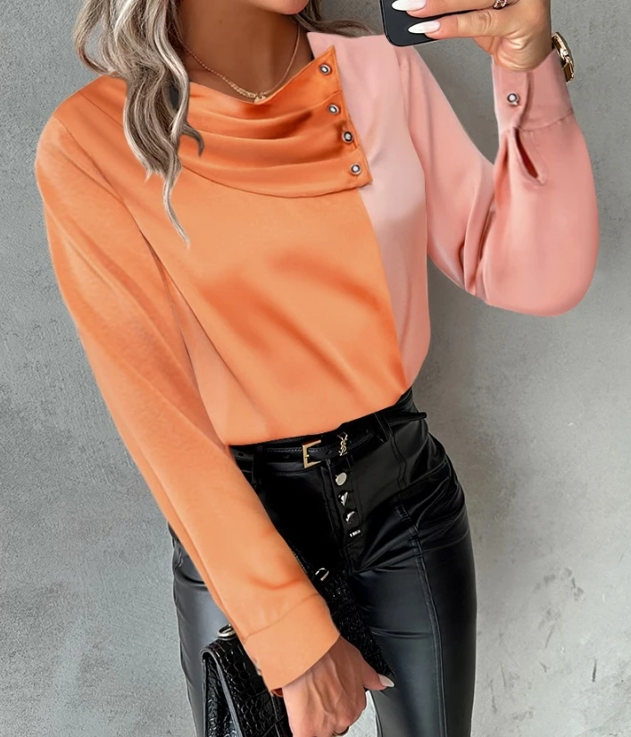

Women's Blouses Spring Colorblock Asymmetrical Neck Ruched Diagonal Breasted Button Design Top Satin Imitation Silk Shirt