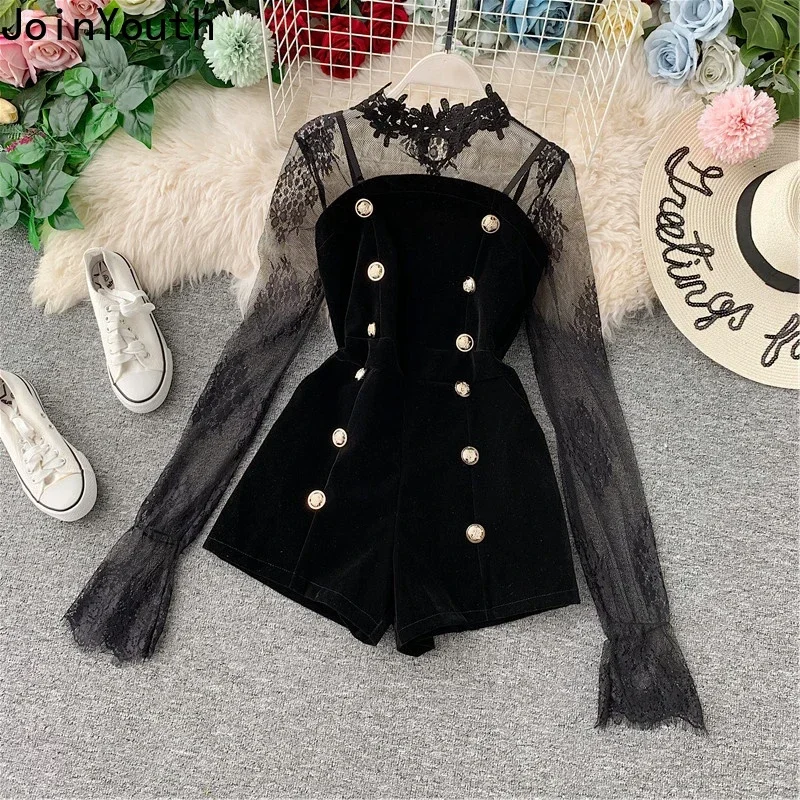 Temperament Bodysuits 2025 Women Clothing Tunic Fashion Patchwork Jumpsuit 2025 Ropa Mujer Double-breasted Black Velvet Rompers