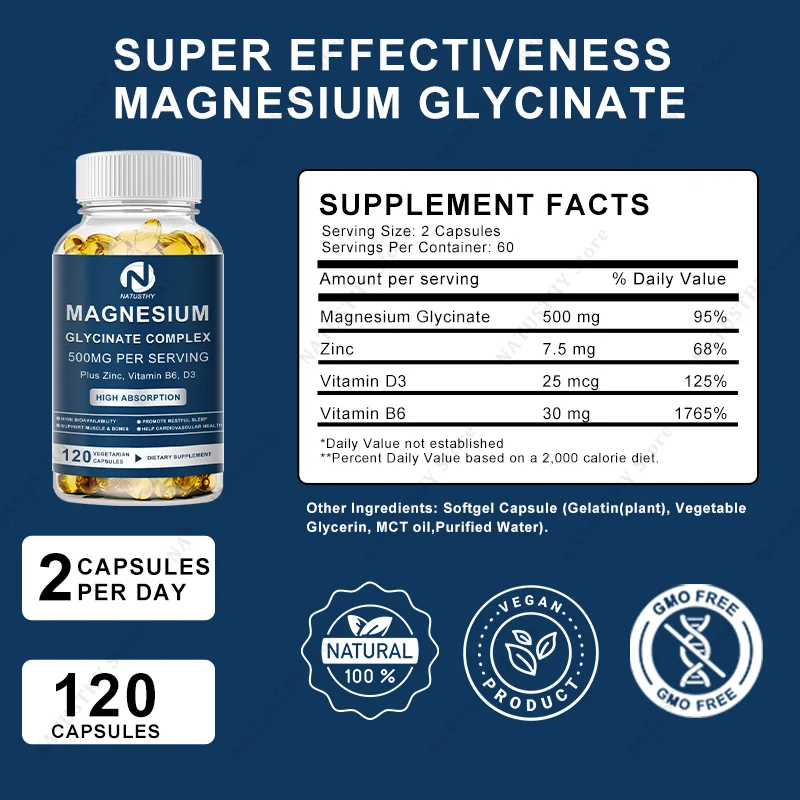 Magnesium Glycinate Supplement 500mg & Zinc, Vitamin D3 B6 High Absorption Support for Women & Men Mineral Vegan Capsules