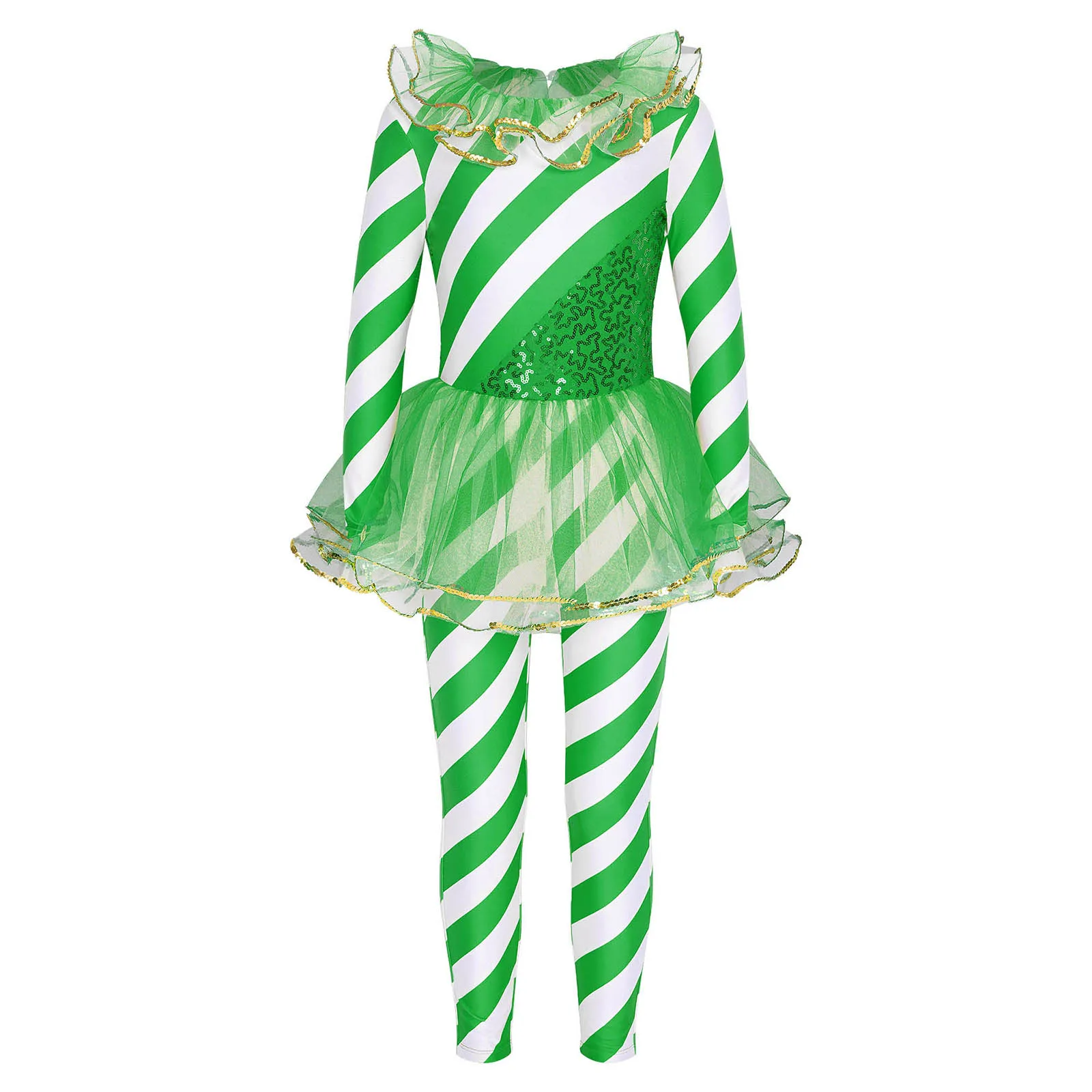 Kids Girls Candy Cane Christmas Dance Costume Babbo Natale Xmas Party Performance Body Manica Lunga Paillettes Tuta A Righe