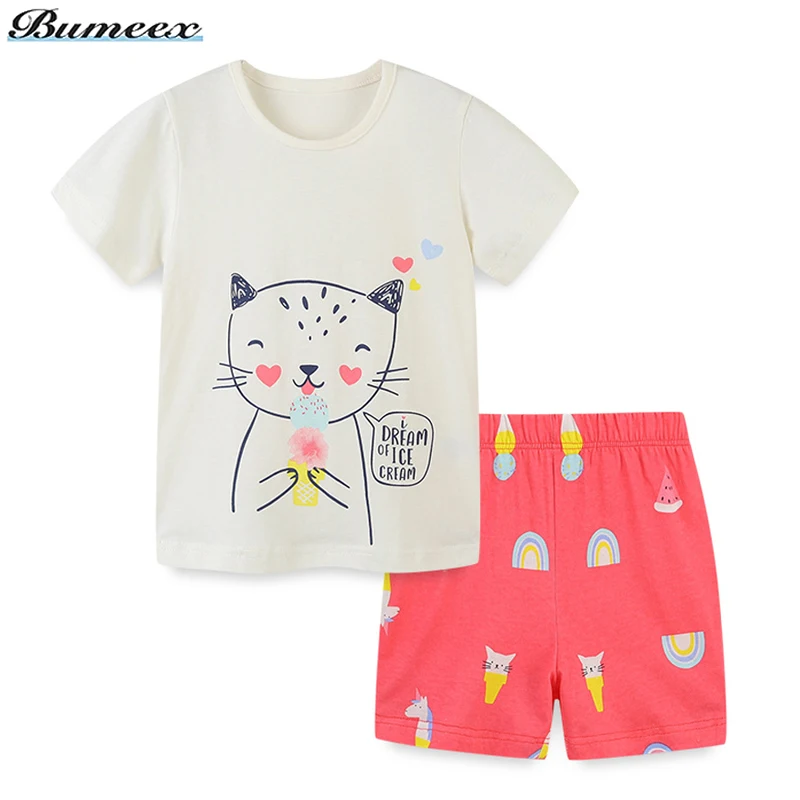 

Girls Summer Clothes Cats Toddler Girl Clothes Top Kids Clothing Suit Cotton Short Sleeve Tshirt+Shorts 2 Piece Child Costume