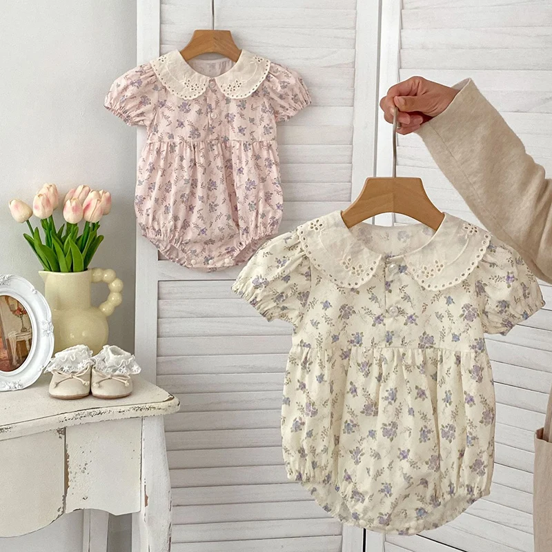 2024 New Summer Korean Style Climbing Suit Short Sleeved Cotton Print Toddler Baby Girls Jumpsuit 0-24M Baby Girl Clothing 5
