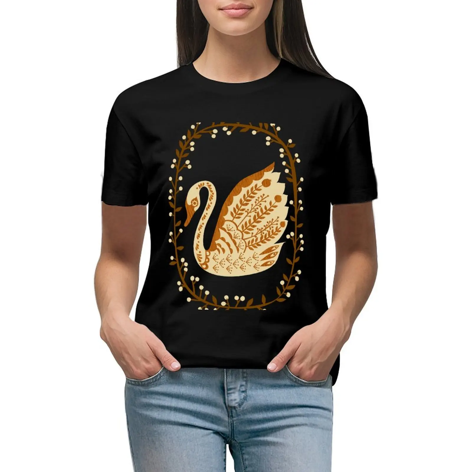

Folk Swan T-shirt tees hippie clothes summer top Women tops