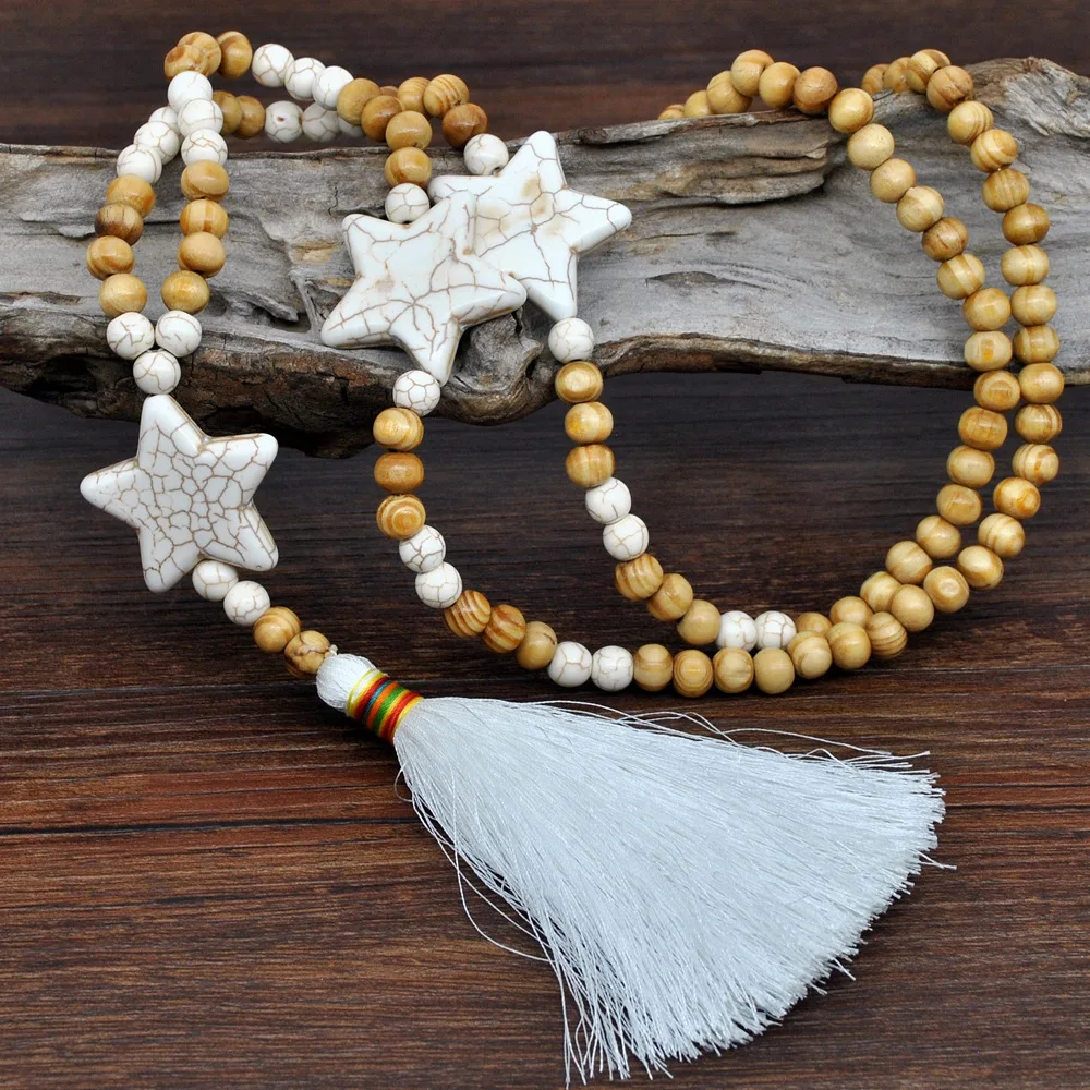 Autumn Winter Style White Tassel Wooden Bead Five-pointed Star Hanged Long Necklace Women's Handmade Beaded Sweater Chain
