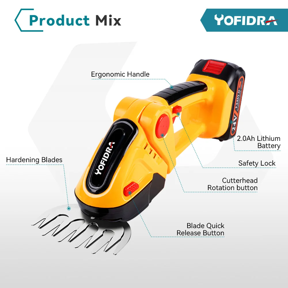 Yofidra-cortasetos eléctrico 2 en 1, cortacésped doméstico de 24V, 20000rpm, tijeras de jardín, herramienta eléctrica