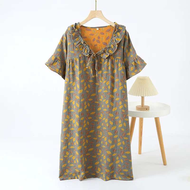 فستان بيجامة من القطن الخالص بأكمام قصيرة للنساء من قماش الجاكار المصبوغ  قطعة واحدة ملابس نوم بأكمام قصيرة ثوب نوم فضفاض