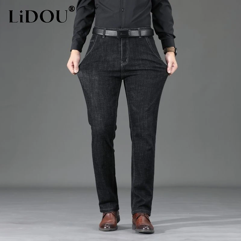 

Autumn Winter New Solid Color Fashion Jeans Man Pocket Button Zipper Cotton Slim Vintage Trousers Men Thicken Straight Pants