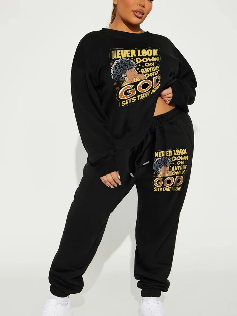 Women's long-sleeved crew neck sweatshirt Casual loose sweatpants bright sword suit Fashion street sports style running workout