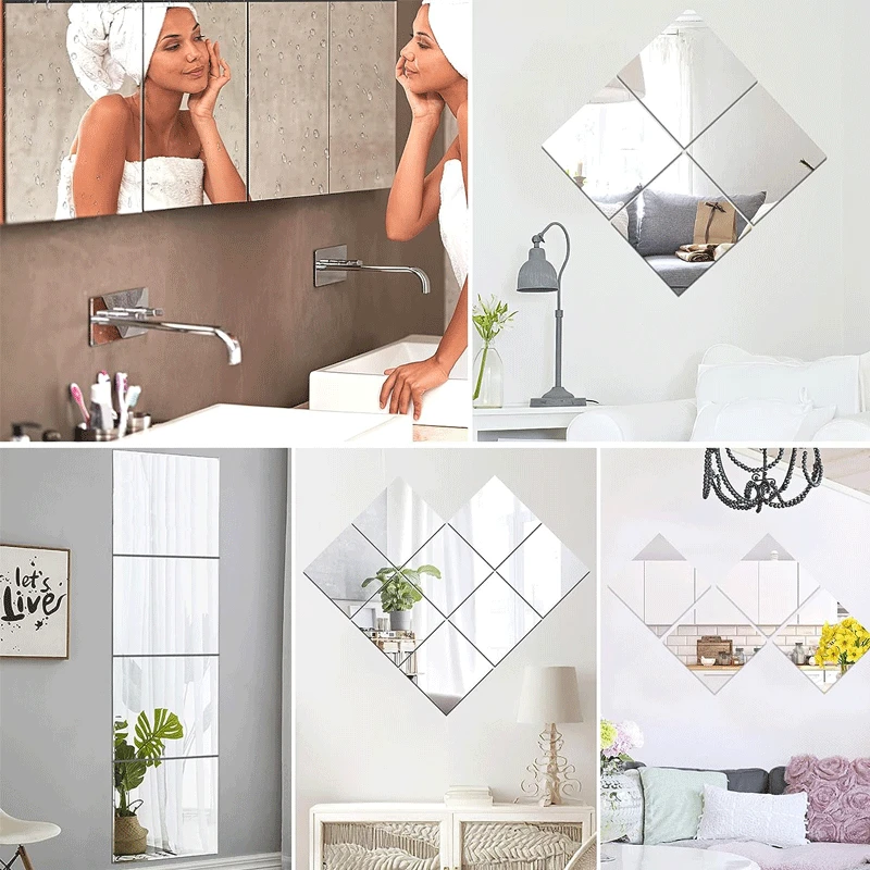 8/12pcs Self Adhesive Mirror Sheets Flexible Non Glass Mirrors Removable Mirror Wall Stickers Home Room Bedroom 3D Wall Decor images - 6