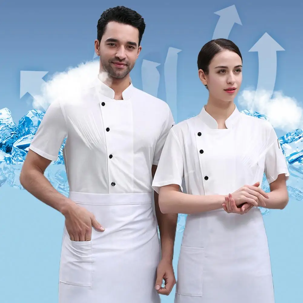 

Chef Uniform Stain-resistant Unisex Chef Shirt with Stand Collar for Kitchen Bakery Restaurant Short Sleeve Cook for Waiters