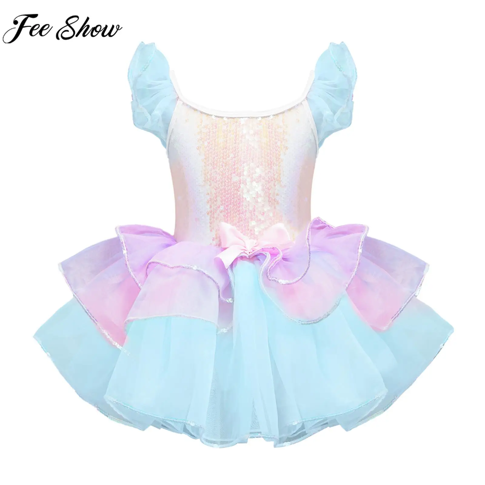 

Children Girls Ballet Dance Dress Gymnastics Skating Party Stage Performance Dancewear Shiny Sequin Bowknot Tiered Leotard Tutu