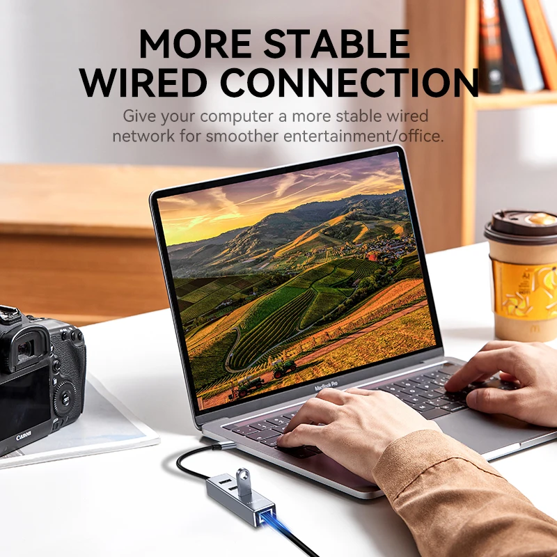 VegGieg 이더넷 어댑터 USB Type-C - 100Mbps, 노트북 PC용 3포트 USB 2.0 허브 포함 - 네트워크 카드 어댑터