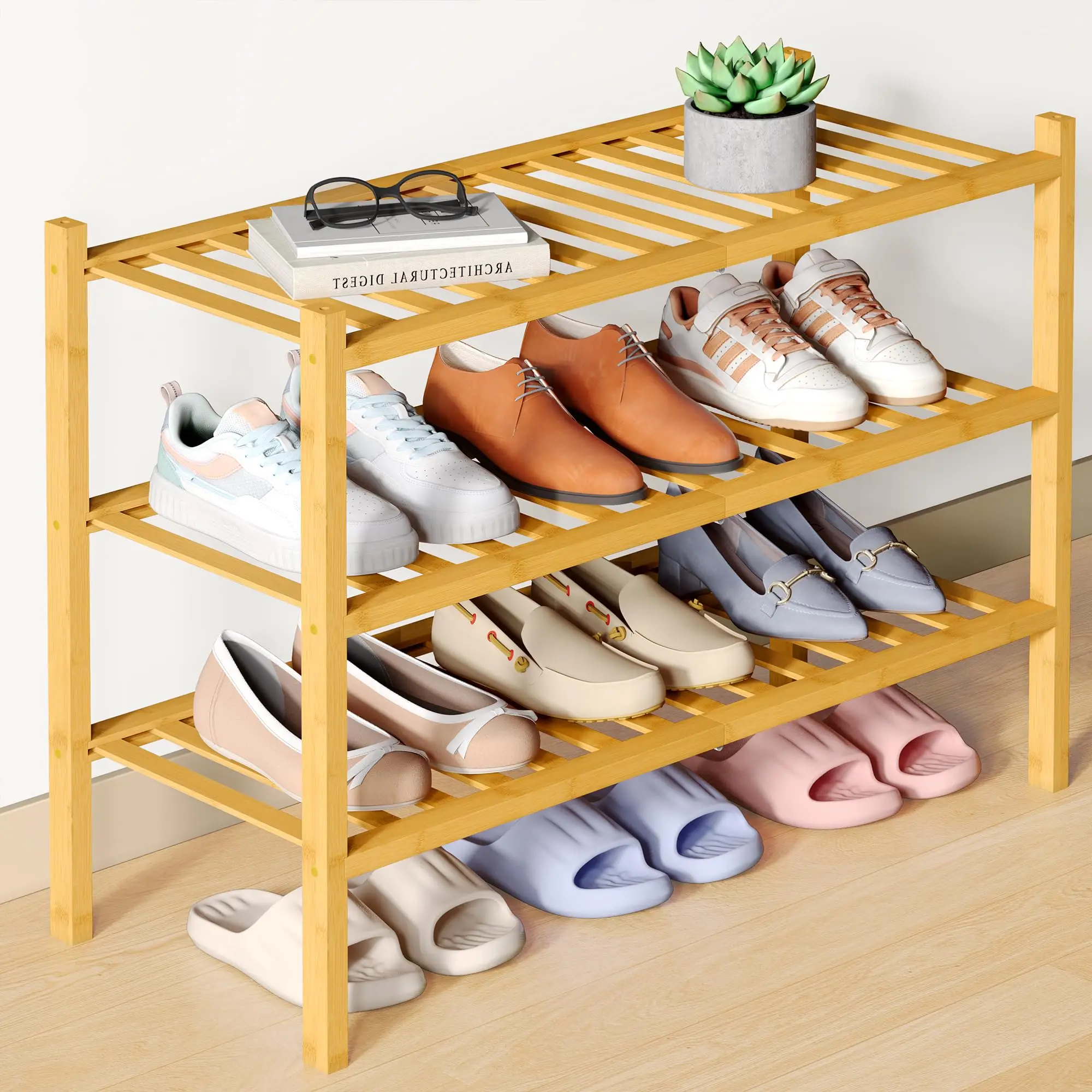 Homaxy Bambus-Schuhregal für den Schrank, stapelbarer Schuh-Organizer aus Holz, freistehendes Schuh-Aufbewahrungsregal für den Eingang der Haustür – Detail 2