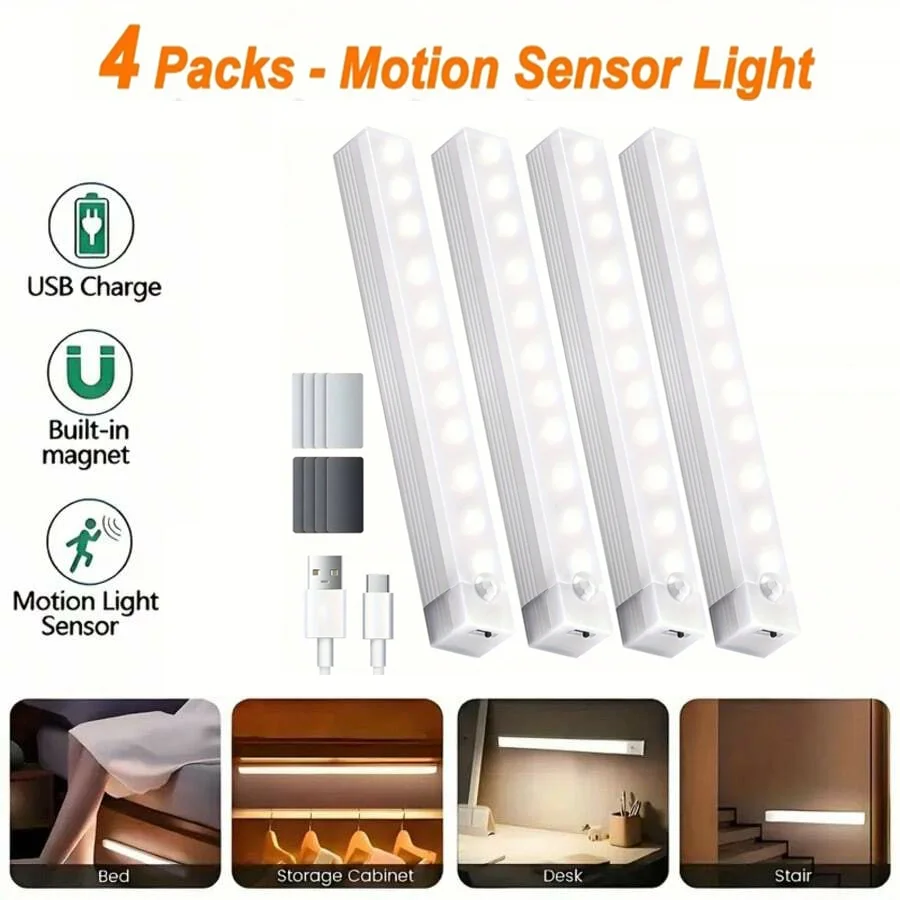 4pc Wireless Rechargeable LED Motion Sensor Cabinet Light Ideal For Closet Kitchen Wardrobe Stairs Battery Operated Night LED Motion Sensor Light