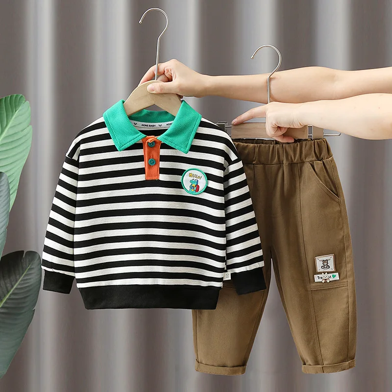

Autumn Children Boy 2PCS Clothing Set Sticker Spliced Striped Polo Shirt Elastic Waist Cargo Pant Baby Boy Outfits Kid Boy Suits
