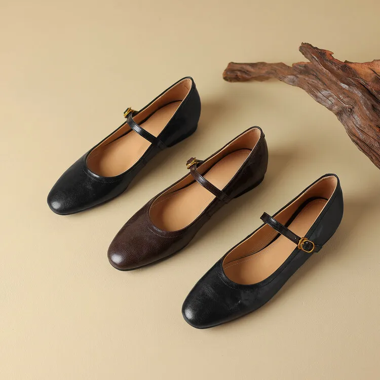 Mary Janes Buckle Strap Round Toe Flat with Heels Women Shoes Sewing Genuine Sheepskin Leather Femme De Luxe Designer