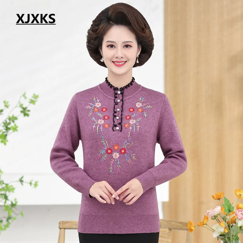 

XJXKS 2022 Winter New Middle-aged Elderly Mothers Women Half High Collar Sweater Temperament Embroidery Warm Thickening Pullover