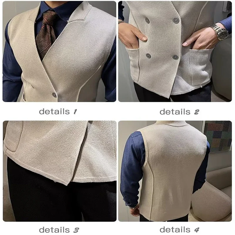 Autumn Winter Men Sleeveless Knitted Vest British Style Double Breasted Male Waistcoat Party Business Slim Fit Chaleco Hombre 5