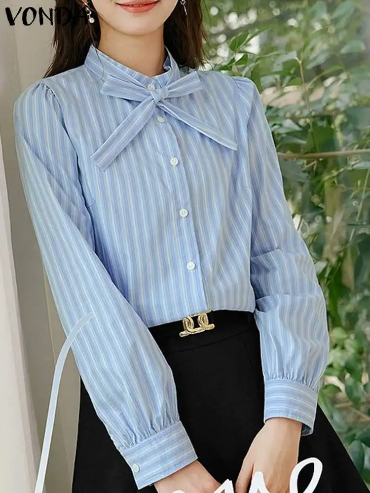 

Women Striped Shirts 2023 Autumn Long Sleeve Blouse Fashion Tops Tunic VONDA Casual Loose Buttons Bow Tie Vintage Blusas Femme