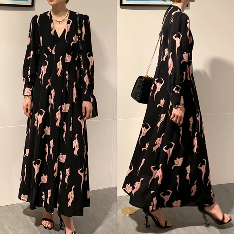 

2022 New Women's V-Neck Long-Sleeved Printed Dress High Waist Pattern Slim Long Sundress Casual Vestidos Summer Dress Femme