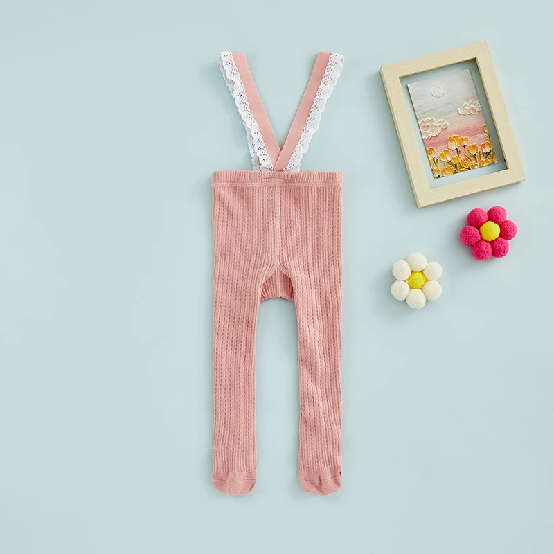 FOCUSNORM 6 Colors Infant Baby Girls Suspender Pantyhose High Waist Lace Plain Rib Knitted Footed Leggings Tights