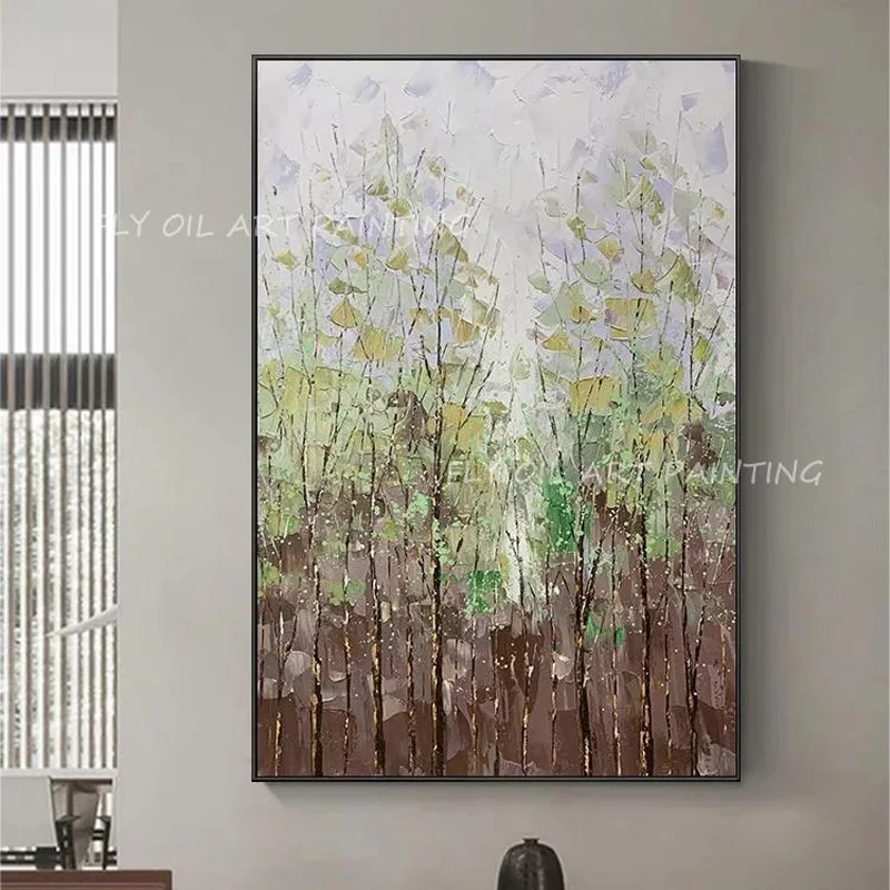 

Green Forest Abstract Oil Painting Hand Painted Modern Original Design On Brwon Gray Canvas Wall Art Decor For Room Unframed