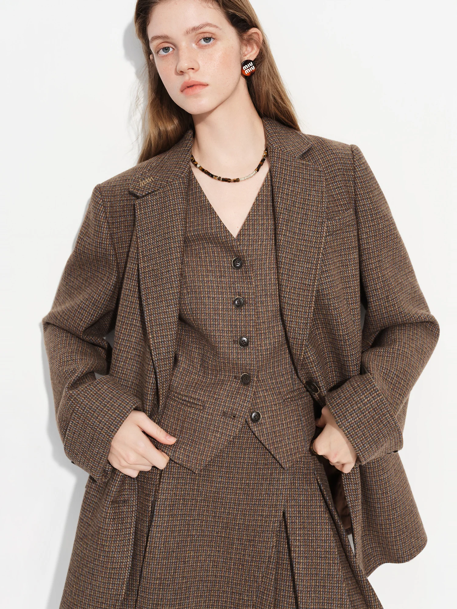 FSLE【Premium Series】New Women's Brown Wool Checkered Suit Set Blazer Vest Skirt Three Piece Coord Vintage Office Chic Suiting S9628b0a95c974235b2571ff5aa4895cc3