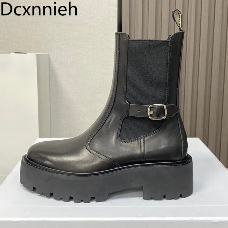

Winter New Round Toe Casual Genuine Leather Women Ankle Boots Buckle Strap Thick Sole Motorcycle Shoes Combat Boots Women 2023
