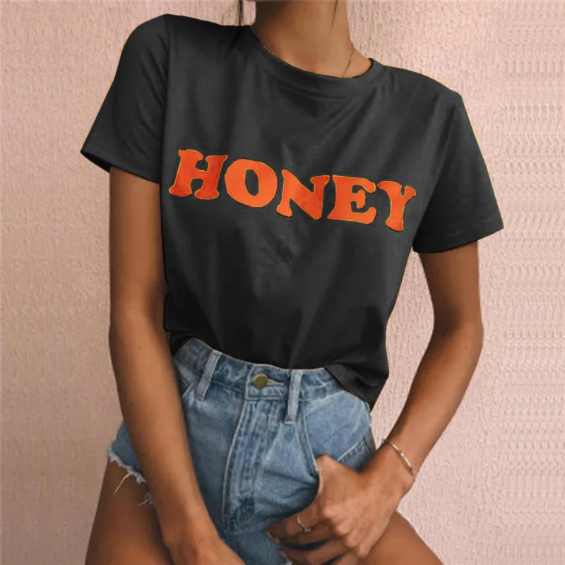 

Honey Red Letter Print Women T Shirt Short Sleeve O Neck Loose Women Tshirt Ladies Tee Shirt Tops Camisetas Mujer