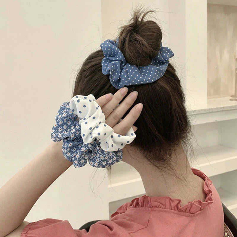 Korea Women Hair Scrunchie Blue Plaid Dot Elastic Hair Bands