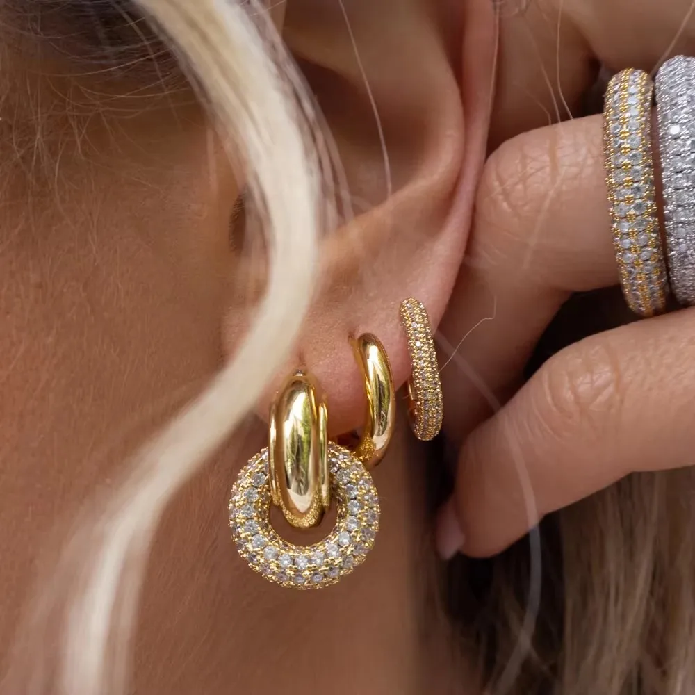 Punk Double Circle Zircon Hoop Earrings for Women Minimalist Gold Plated Stainless Steel Small Round Ear Huggie Fashion Jewelry