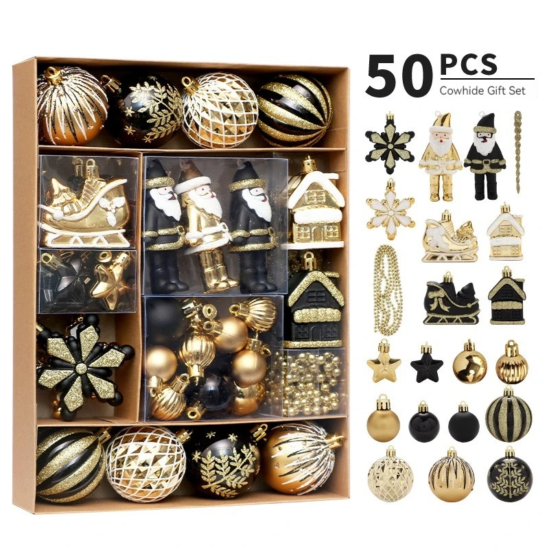 

50pcs/Set Christmas Decoration Hanging Black Gold Christmas Tree Balls Star For Xmas Party Supplies Ornament for Home Decorative