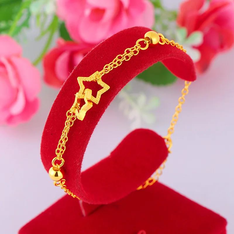 

Pure Gold 24k Gold Jewelry Women's Fashion Double Five-pointed Star Transfer Bead Bracelet Bead Chain